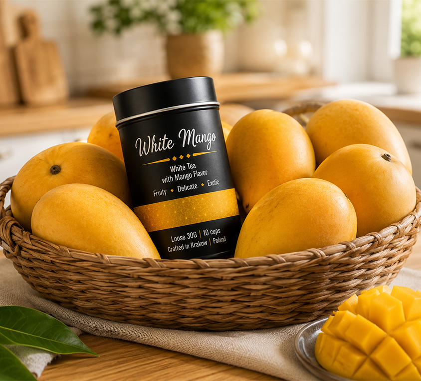 White Mango Leo Tea – elegancka puszka, doypack i kubek prezentowy